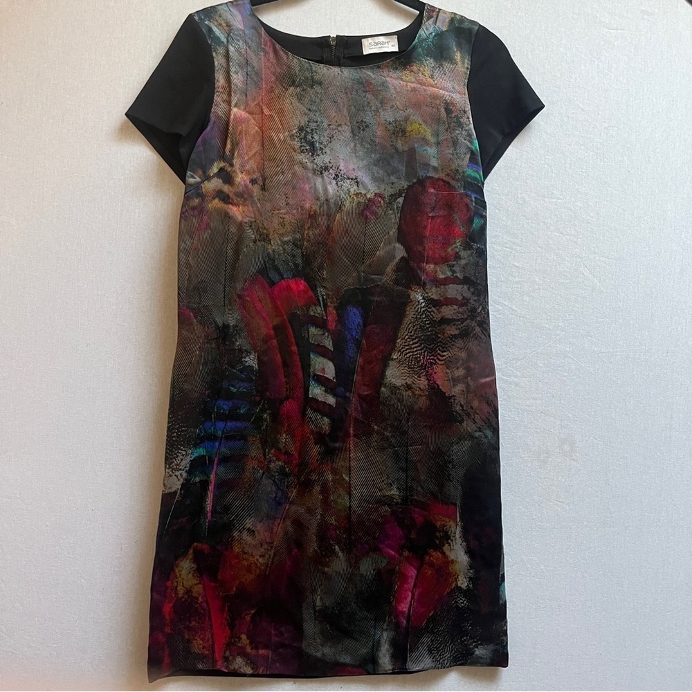 Sarah Lawrence 100% Silk Abstract Art Print Short Sleeve Mini Dress S